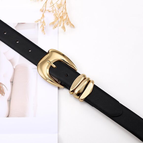Women's Leather Belt For Jeans Pants Fashion Faux Leather With Gold 7654 - Picture 5 of 7